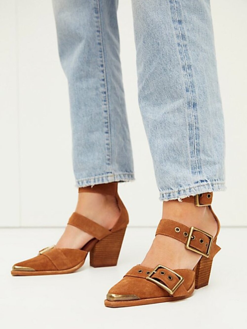 Jeffrey Campbell Free People Hendrix Heels Suede Leather Buckle Tan Brown Size 9